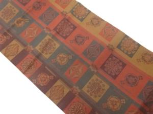 縞に華紋・草花模様織出し名古屋帯